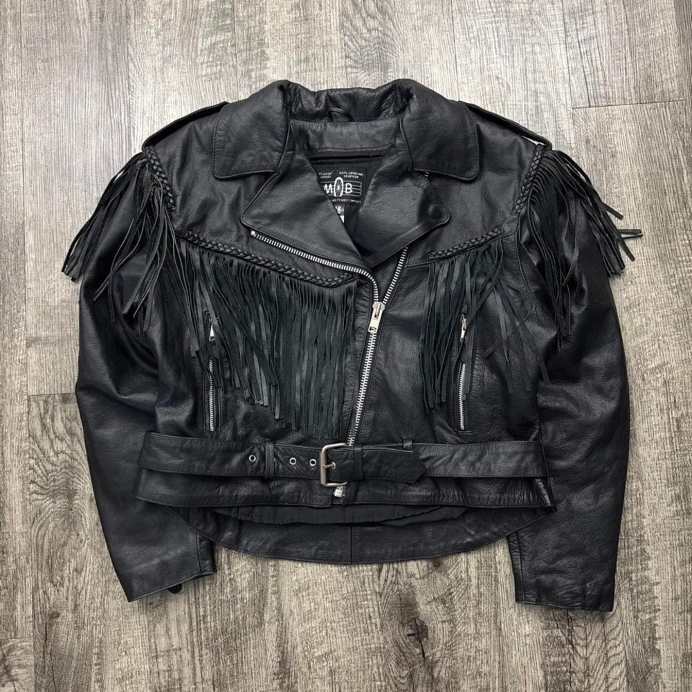 Vintage MOB Western Style Black Fringe Leather Motorcycle Biker Jacket 18